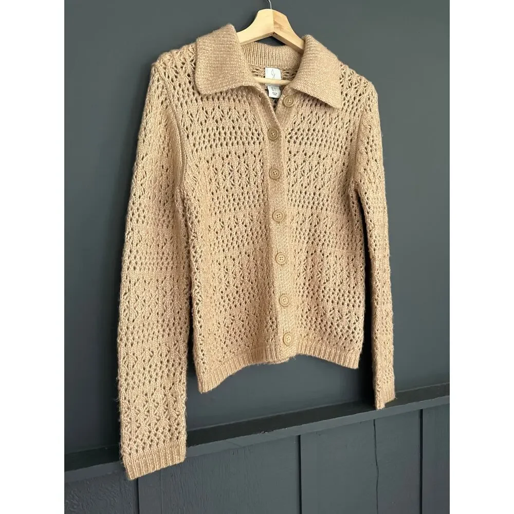 Joie Crochet Open Knit Collared Button Down Cardigan Sweater Tan Size Small